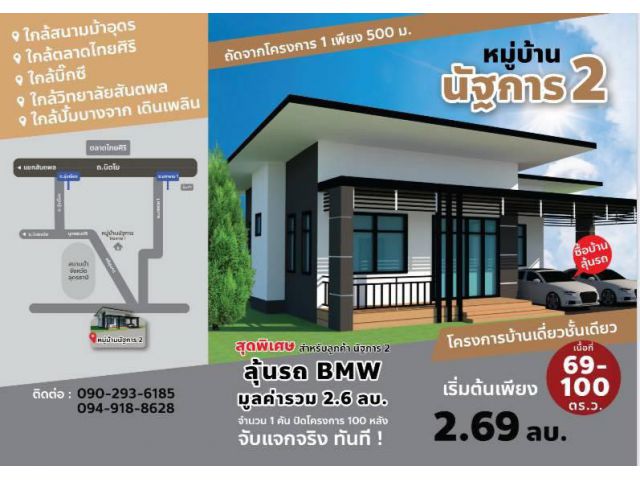 ขายถูกมาก!! บ้านเดี่ยวชั้นเดียว สร้างใหม่ โครงการนัฐการ 2 ถนนอุดร-สกล ทำเลดี อ.เมืองอุดรธานี ใกล้บิ๊กซี แม็คโครฯ