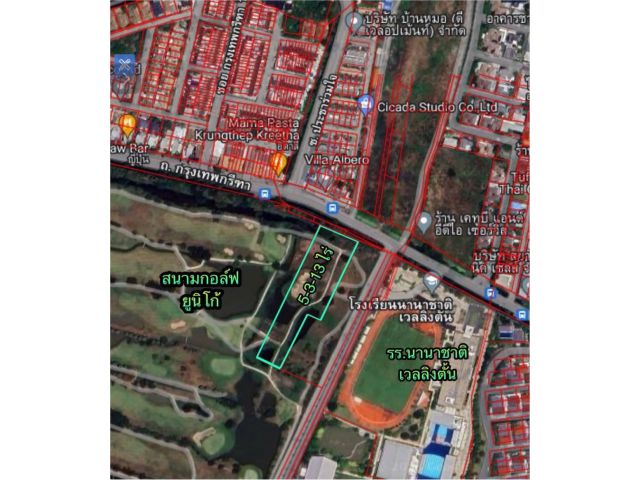 R068-053ขายที่ดิน 5-3-13 ไร่ติดสนามกอล์ฟ ยูนิโก้ ถนนกรุงเทพกรีฑา ห่างจากโรงเรียนนานาชาติ เวลลิงตันเพียง100เมตร ทำเลดีที่สุดในย่านกรุงเทพกรีฑา. ที่ดิ
