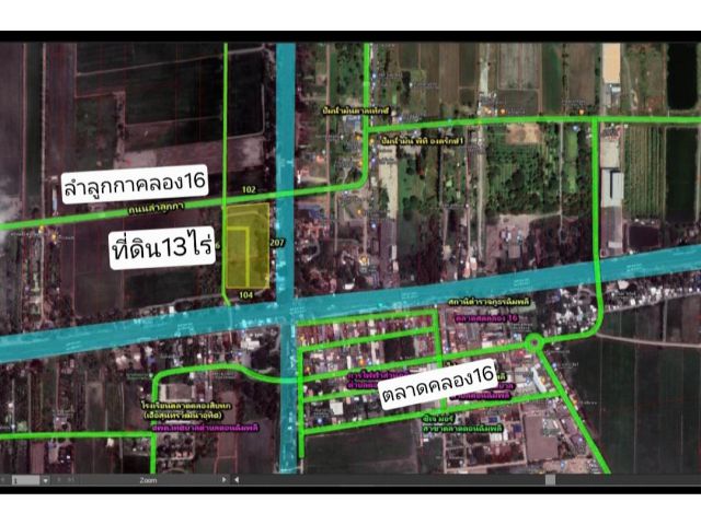 ขายที่ดิน ลำลูกกาคลอง16. {13 ไร่ ไรละ3.3ล้าน) หน้ากว้าง 105 เมตร ลึกท200ม.