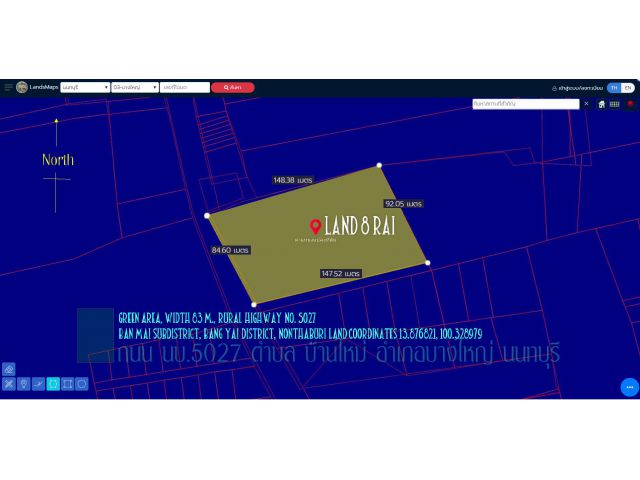 ที่ดิน8ไร่ พื้นที่สีเขียว หน้ากว้าง 83ม. ถนนทางหลวงชนบท นบ.5027 ตำบล บ้านใหม่ อำเภอบางใหญ่ นนทบุรี