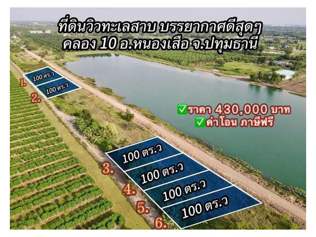 ที่สวยชิวล์วิวบึงน้ำ-100.วา-Sาคาเบาๆที่ดินคลอง 10 หนองเสือ ปทุมธานี. T.062-1574449