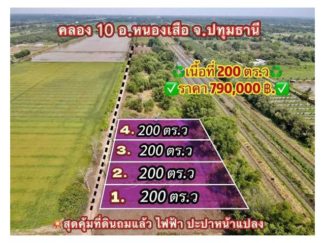 ที่ดินถมแล้วน้ำไฟพร้อม -คนขายก็พร้อมที่ -หนองเสือ คลองสิบ -ปทุมธานี. T.062-1574449