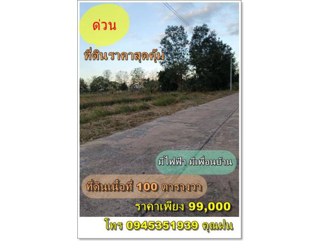 ขายที่ดินติดถนนคอนกรีต ขนาดเนื้อที่ 100ตรว.