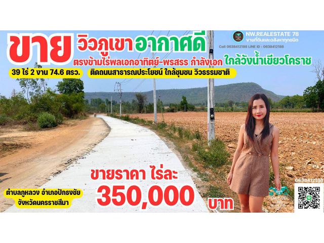 ที่ดินราคาถูกวิวภูเขามีน้ำมัไฟฟ้าติดถนนคนกรีตอยู่ในชุมชนทำเลดีสุดในย่านนี้ ปักธงชัยโคราช