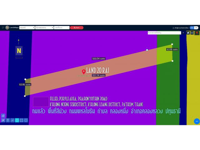 ขายที่ดิน20ไร่  ถมแล้ว พื้นที่สีม่วง หน้ากว้าง 62ม. ถนนพหลโยธิน ตำบล คลองหนึ่ง อำเภอคลองหลวง ปทุมธานี