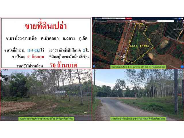 ขายที่ดินเปล่า ขนาด 13-3-98.1 ไร่  ซ.บางโรง-นาเหนือ  ต.ป่าคลอก  อ.ถลาง  ภูเก็ต