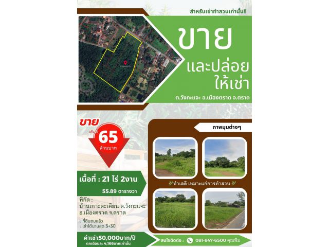 ด่วน!! ขาย/ปล่อยเช่า ที่ดิน ขนาดพื้นที่ 21ไร่ 2งาน 55.8ตารางวา อ.เมืองตราด จ.ตราด