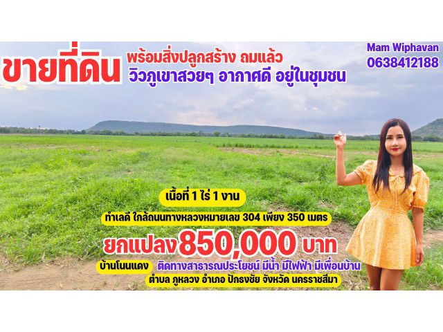 ขายที่ดินพร้อมสิ่งปลูกสร้าง วิวภูเขาสวย อากาศดี อยู่ในชุมชน 1 ไร่ 1 งาน ต.ภูหลวง อ.ปักธงชัย จ.นครราชสีมา