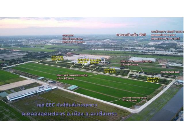 ขายที่ดินถมแล้ว 8 ไร่ แปลงมุม สี่เหลี่ยมสวย ถนน2 ด้านผังสีม่วง อ.เมือง ฉะเชิงเทรา