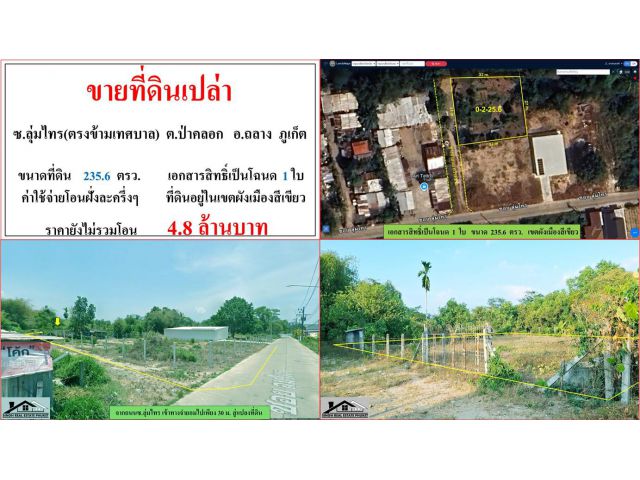 ขายที่ดินเปล่า ขนาด 235.6 ตรว.  ซ.ลุ่มไทร(ตรงข้ามเทศบาล)  ต.ป่าคลอก  อ.ถลาง  ภูเก็ต