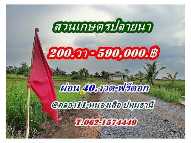 ที่ดินสวนเกษตร ชายทุ่ง ไม่ไกลกรุงแค่คลอง11 หนองเสือ ผ่อนได้สบายใจ- T.062-1574449