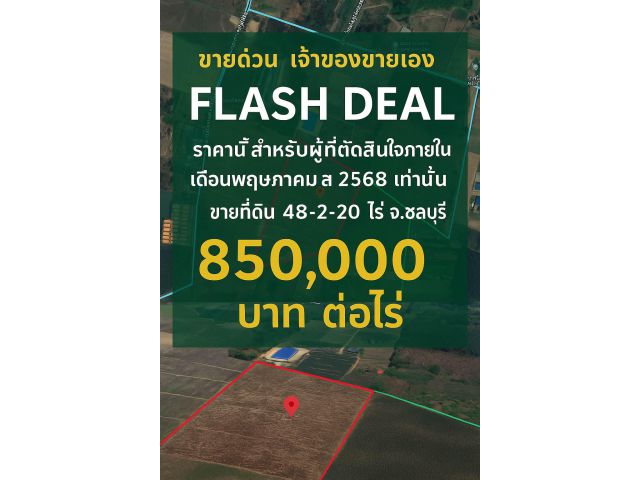 FLASH DEAL!   ขายที่ดินแปลงใหญ่ 48 ไร่ 2 งาน 20 ตร.วา บ่อทอง ชลบุรี