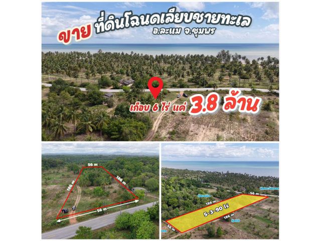 ขายที่ดินติดถนนเลียบชายทะเลเดินไปชายหาดได้เลยไร่ละ 6แสนนิดๆ