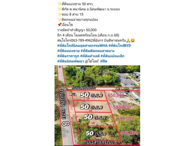 ที่ดินแบ่งขาย 50 ตรว. พิกัด ต.พนานิคม อ.นิคมพัฒนา จ.ระยอง ซอย 8 สาย 15  ติดถนนลาดยางทุกแปลง เงื่อนไข  วางมัดจำทำสั