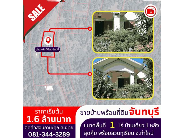บ้านเดี่ยว 1 หลัง พร้อมสวนทุเรียน อ.ท่าใหม่ ขนาดพื้นที่ 1 ไร่