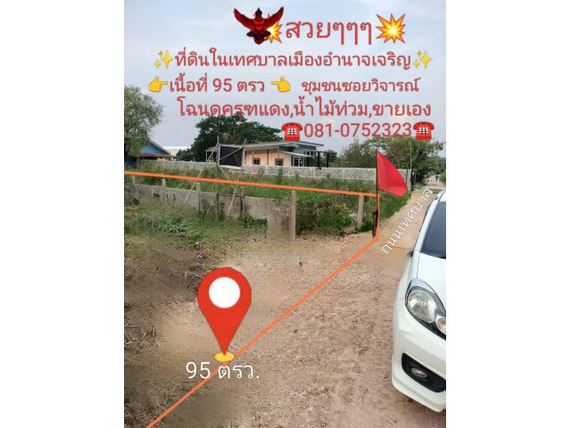 ที่สวย บรรยากาศดี มีน้ำ มีไฟฟ้าผ่าน ในตัวเมืองอำนาจเจริญ 95 ตรว.