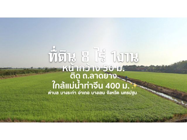 ที่ดินรูปสี่เหลี่ยม 8 ไร่ 1 งาน (ไร่ละ 1.3 ลบ.) หน้ากว้าง 50 ม.ติด ถ.ลาดยาง (ผังเมืองสีเขียวลาย) ใกล้แม่น้ำท่าจีน 400 ม.