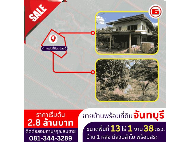 บ้านเดี่ยว 1 หลัง มีสวนลำไย พร้อมสระ ขนาดพื้นที่ 13 ไร่ 1 งาน 38 ตรว.