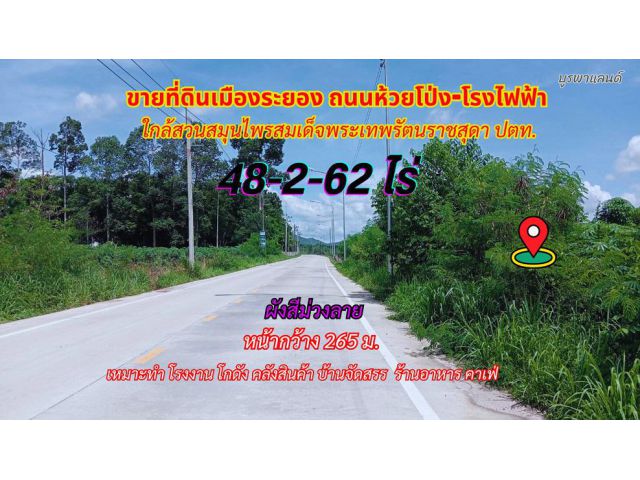 ขายที่ดินระยอง ห้วยโป่ง 48-2-62ไร่ พื้นที่สีม่วงลาย ใกล้สวนสมุนไพรสมเด็จพระเทพรัตนราชสุดา ปตท.