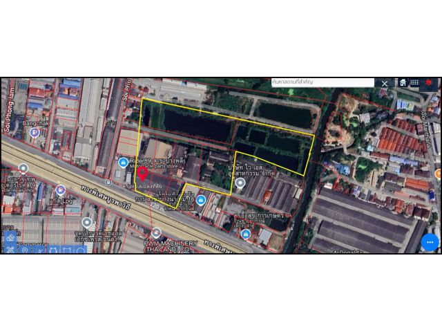 ขายที่ดินติดถนนบางนาตราด กม.16-17 ใกล้ มหาวิทยาลัยหัวเฉียวเฉลิมพระเกียรต์ พื้นที่  55-1-99 ไร่ พื้นที่สีเหลือง
