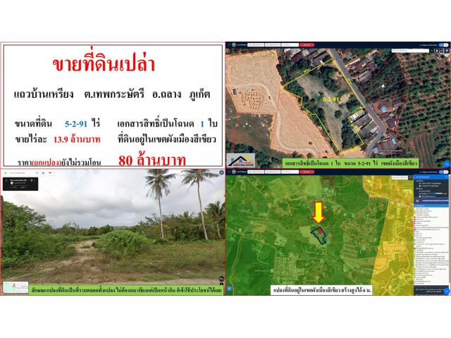 ขายที่ดินเปล่า ขนาด 5-2-91 ไร่  แถวบ้านเหรียง  ต.เทพกระษัตรี  อ.ถลาง  ภูเก็ต