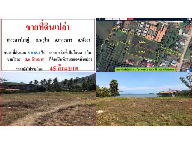 ขายที่ดินเปล่า ขนาด 5-0-88.4 ไร่  เกาะยาวใหญ่  ต.พรุใน  อ.เกาะยาว  พังงา
