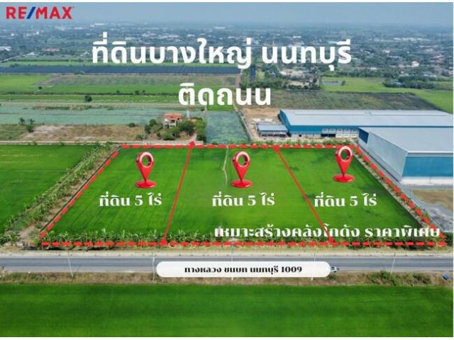 ขายที่ดินบางใหญ่ นนทบุรี | ขนาด 5-15 ไร่ | ติดถนนใหญ่ ใกล้มอเตอร์เวย์ เหมาะสำหรับสร้างโกดัง คลังสินค้า หรือฟาร์มพลังงานแสงอาทิตย์