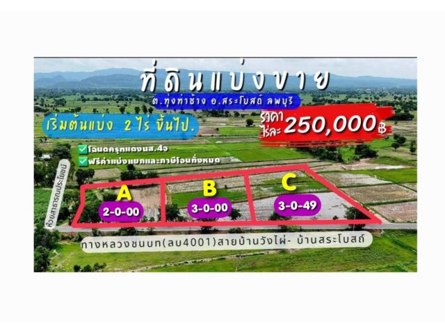 》》ที่ดินแบ่งขาย  #แบ่งเริ่มต้น2ไร่ขึ้นไป (ติดถนนลาดยาง,มีไฟฟ้า,ใกล้ชุมชน) เริ่มต้นราคาไร่ละ250,000฿
