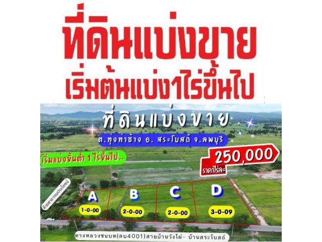 》》#ที่ดินแบ่งขาย  #แบ่งเริ่มต้น1ไร่ขึ้นไป (ติดถนนลาดยาง,มีไฟฟ้า,ใกล้ชุมชน) เริ่มต้นราคาไร่ละ250,000฿