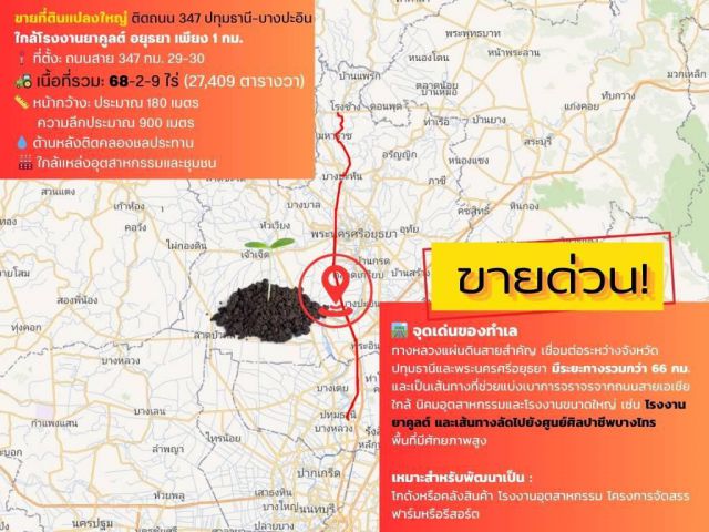 ขายที่ดินติดถนน เแปลงใหญ่สวย ติดถนนสาย 347 ปทุมธานี-บางปะหัน ต.บางประแดง อ.บางประอิน จ.พระนครศรีอยุธยา กม. 29-30 โทร 095