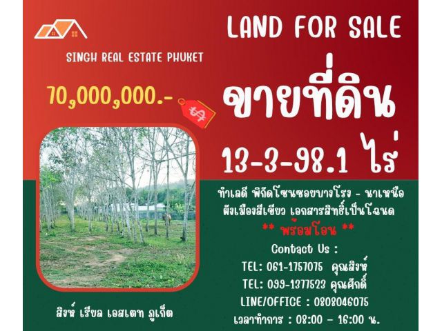 ** LAND FOR SALE ** ขนาดที่ดิน 13-3-98.1 ไร่  ( ซอยบางโรง - นาเหนือ )