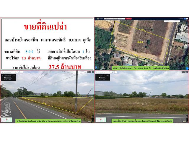 ขายที่ดินเปล่า ขนาด 5-0-0 ไร่ แถวบ้านป่าครองชีพ ต.เทพกระษัตรี อ.ถลาง ภูเก็ต