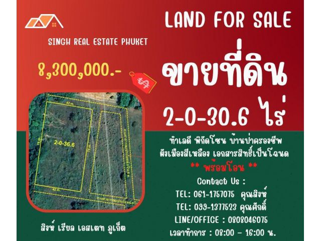 ** LAND FOR SALE ** ขนาดที่ดิน 2-0-30.6 ไร่  ( บ้านป่าครองชีพ  - เทพกระษัตรี )