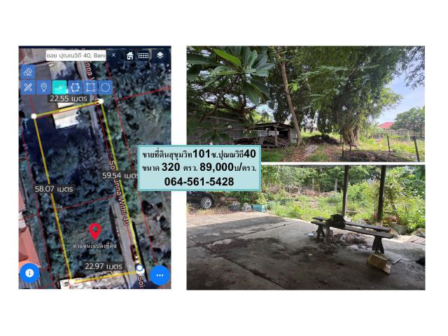 ขายที่ดินสุขุมวิท101 ปุณณวิถี40   89,000 ต่อ ตารางวา  ที่ดินสวยขนาด 320 ตารางวา  หน้ากว้าง 59 เมตร ลึก 23เมตร