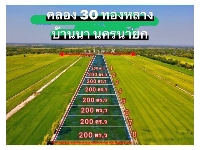 คลอง 30 บ้านนา นครนายก ที่ดินบ้านสวน 200 ตรว.ราคา 580,000 บาท ผ่อน 40 เดือน ฟรีดอกเบี้ย ห่างถนนรังสิต 3 กม. O95-4OL8698