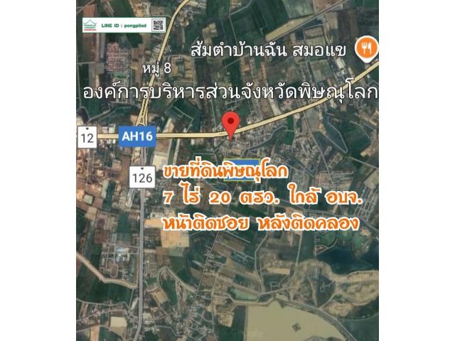 ขายที่ดินพิษณุโลก ใกล้ อบจ. 7 ไร่ 20 ตรว.หน้าติดซอย หลังติดคลอง