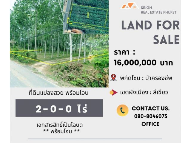 ** LAND FOR SALE ** ที่ดิน  ( สวนยางพารา - แบ่งขาย )   2-0-0 ไร่  ( ป่าครองชีพ - เทพกระษัตรี )