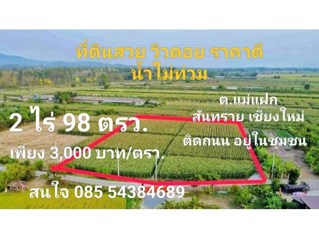 ขายที่ดินสันทราย 2 ไร่กว่าทำเลดีติดถนนน้ำไฟถึง ตรว.ละ 3,000 เท่านั้น บรรยากาศดีวิวดอยโอบล้อม น้ำไม่ท่วมากาศดีมีว