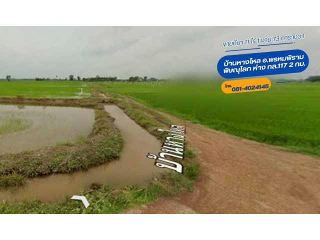ขายที่นา 11 ไร่ บ้านหางไหล อ.พรหมพิราม พิษณุโลก ห่าง ทล.117 2 กม.