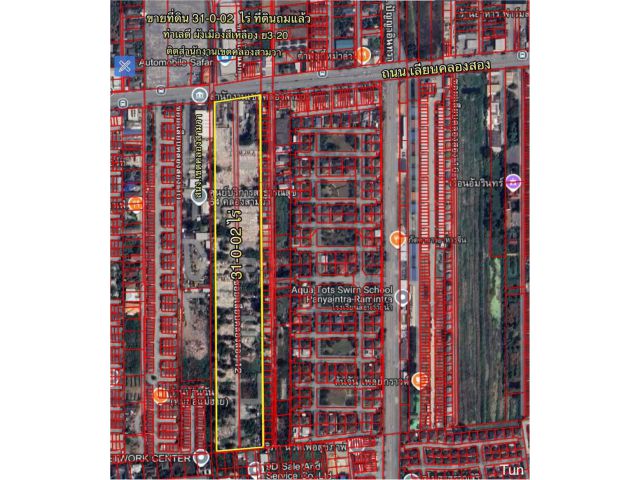R68-086ขายที่ดิน 31-0-02 ไร่ ติดถนนเลียบคลองสองติดสำนักงานเขตคลองสามวา ที่ดินถมแล้ว ทำเลดี ผังเมืองสีเหลือง ย3-20 ถนนเลียบคลองสองกว้าง