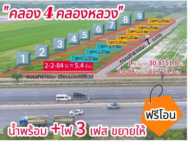 คลอง4ใกล้ สนง.ขนส่งคลองหลวงตรงข้ามวัดตะวันเรืองช.27ตะวันตกติดเลียบมอเตอร์เวยถนนสาธารณ7ม.ไฟ3เฟสน้ำประปาเดินแล้ว1ไร่1.79
