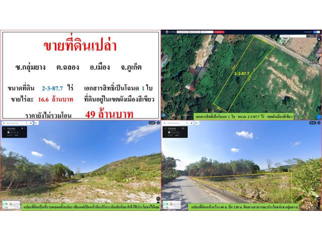 ขายที่ดินเปล่า ขนาด 2-3-87.7 ไร่  ซ.กลุ่มยาง  ต.ฉลอง  อ.เมือง  ภูเก็ต