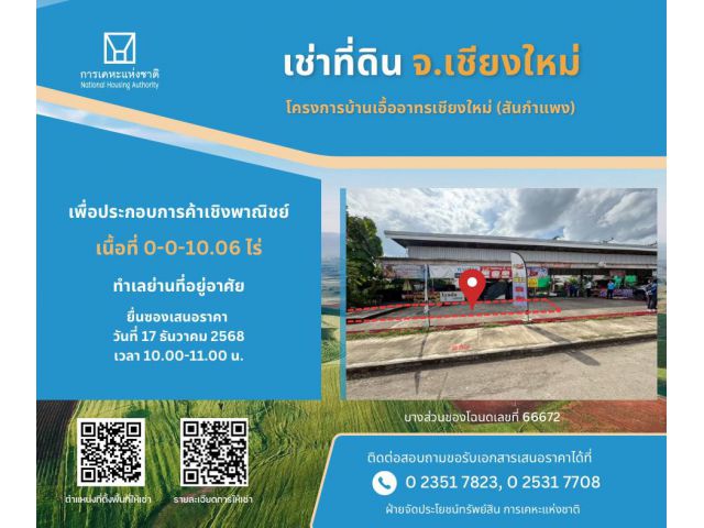 การยื่นข้อเสนอประมูลราคาค่าธรรมเนียมการได้สิทธิเช่าที่ดิน โครงการบ้านเอื้ออาทรเชียงใหม่ (สันกำแพง)