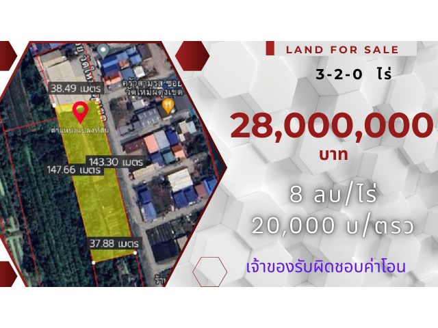 ที่ดินบางกรวย นนทบุรี 3-2-0 ไร่ หน้าติดถนน ซอยวัดใหม่ผดุงเขต อ.บางกรวย