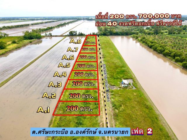 ขายที่ดินองค์รักษ์ หลังมศว.5 กิโล จ.นครนายกสดผ่อนแบ่งล็อกละ 100-200 ตรว.
