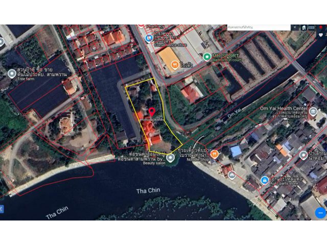 ขายที่ดินพร้อมบ้านติดแม่น้ำท่าจีน เนื้อที่ 3 ไร่ 2 งาน 71 ตารางวา ด้านติดแม่น้ำกว้าง 60 เมตร