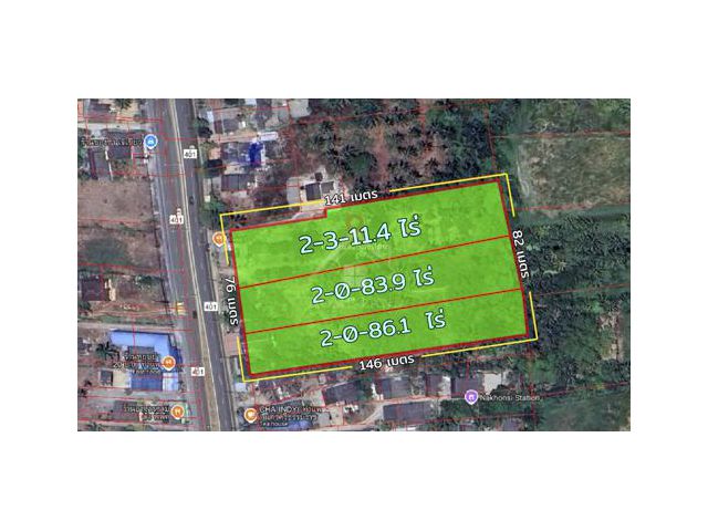 ที่ดินเปล่า 7-1-81.4 ไร่ ติดถนนใหญ่ ปากพูน นครศรีธรรมราช แปลงสวย