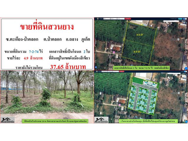 ขายที่ดินสวนยาง ขนาด 7-2-74 ไร่  ซ.ตะเกียง-ป่าคลอก  ต.ป่าคลอก  อ.ถลาง  ภูเก็ต