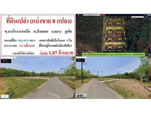 ที่ดินเปล่า(แบ่งขาย 8 แปลง) ขนาด 85.6-87.5 ตรว.  ซ.บางโรง-นาเหนือ  ต.ป่าคลอก  อ.ถลาง  ภูเก็ต
