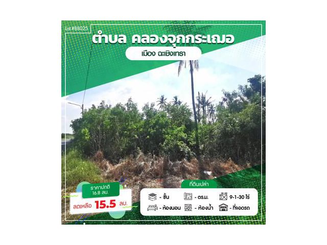 ขายที่ดินเปล่า เนื้อที่รวม 9 ไร่ 130 ตารางวา ติดถนนเลียบคลองจุกกระเฌอ ถนนเมนซอยเชื่อมไปวัดสมานรัตนาราม โฉนดรวม 2 แปลง